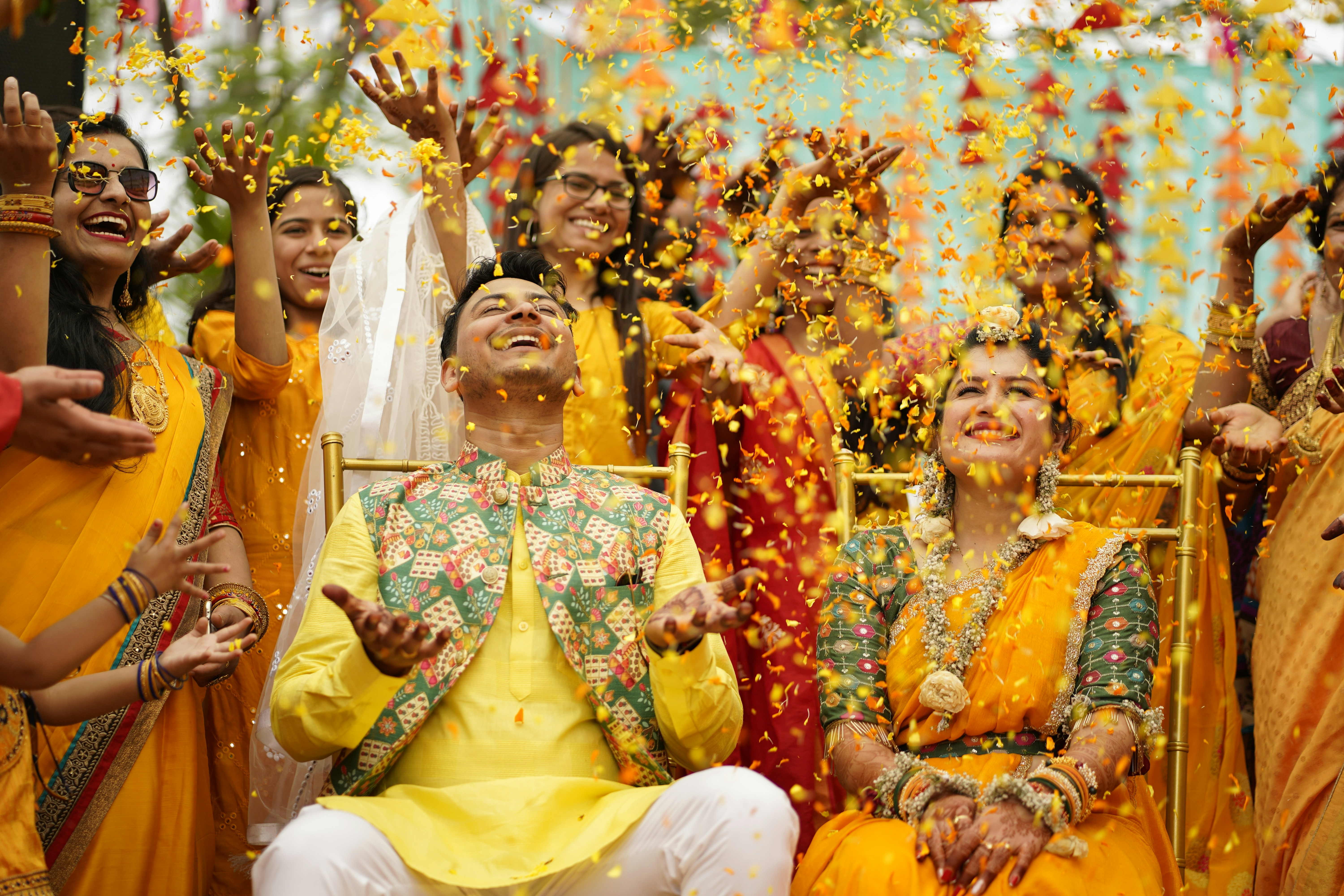 A wedding celebration in a shower of confetti